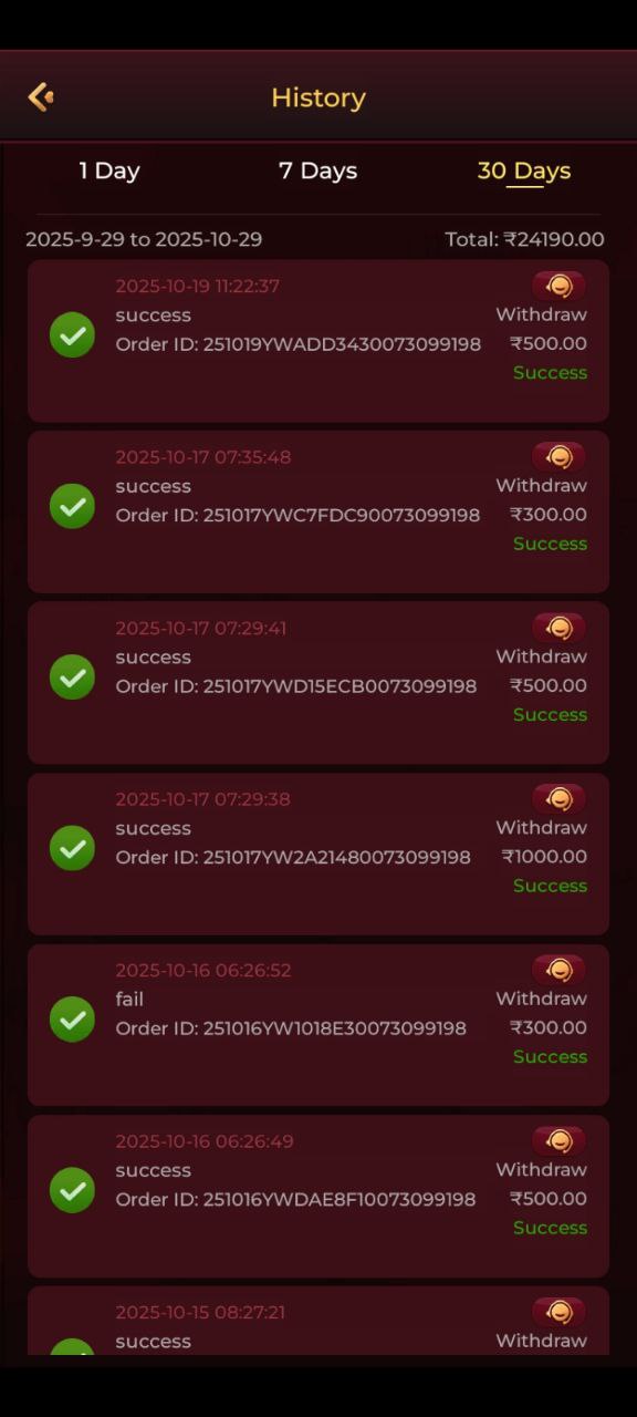X89 Game withdrawal screen showing successful ₹500, ₹1000, and ₹300 cash withdrawals with verified payment success status.