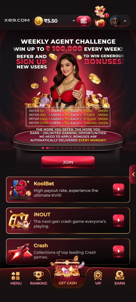 X89 Game Weekly Agent Challenge banner showing referral bonuses up to ₹1,00,000 for agents referring new users and earning weekly cash rewards.