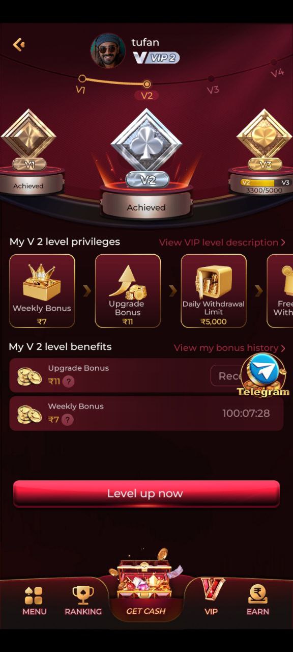 X89 Game VIP 2 level screen showing achieved rewards, ₹11 upgrade bonus, ₹7 weekly bonus, and ₹5,000 daily withdrawal limit.